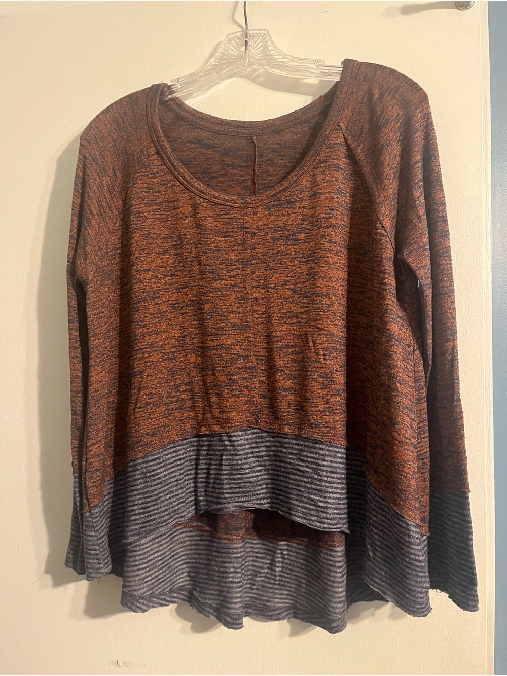 Free People Rust Marled Pullover with Blue Striped Layered Hem